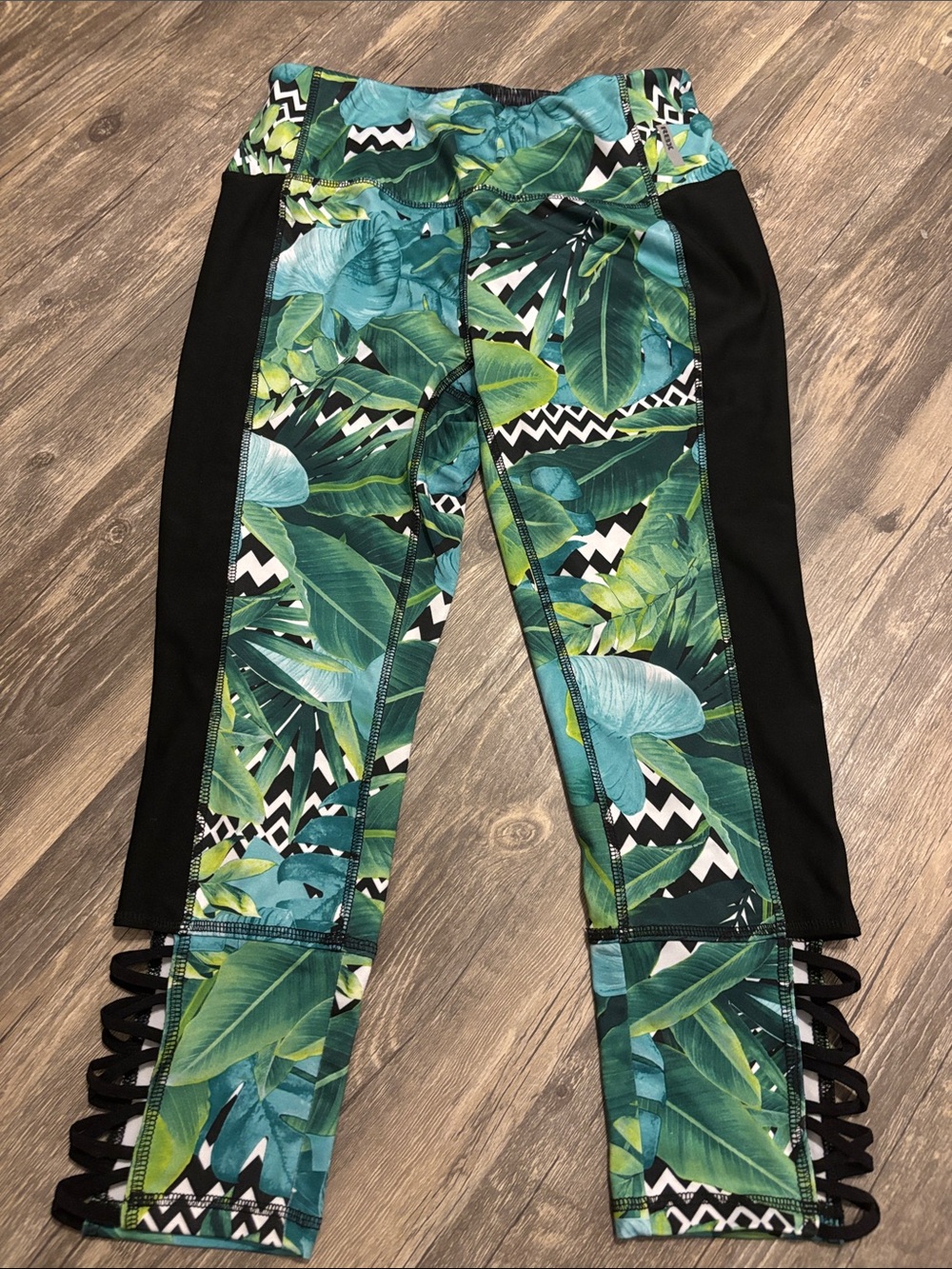 RBX Green Tropical Print Leggings with Black Side Panels